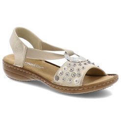 Beżowe Sandały Rieker Eleganckie Obuwie Damskie. Brązowe sandały Rieker, bez wzorów, z materiału, eleganckie, bez obcasa, na koturnie, bez zapięcia. Za 269.99 zł.