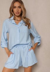 Jasnoniebieski Wiskozowy Komplet Koszula i Szorty Luźne Efrone. Niebieskie koszule Renee, m, bez wzorów, z wiskozy, eleganckie, bez kołnierzyka, bez ramiączek. Za 99.99 zł.