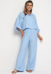Jasnoniebieski Komplet Dwuczęściowy z Wiskozy Koszula z Guzikami Spodnie z Gumką w Talii Vimarenes. Niebieskie koszule Born2be, bez wzorów, z wiskozy, eleganckie, bez kołnierzyka, bez ramiączek. Za 139.99 zł.