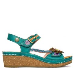 Sandały Laura Vita. Niebieskie sandały Laura Vita, bez wzorów, bez obcasa, na koturnie, bez zapięcia. Za 429.99 zł.