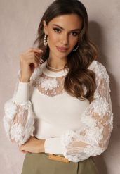 Biała Bluzka z Siateczką i Kwiatami Celeshe. Białe bluzki Renee, s, bez wzorów, z wiskozy, eleganckie, bez kołnierzyka, bez ramiączek. W wyprzedaży za 104.99 zł.