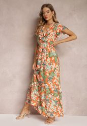 Pomarańczowa Sukienka z Wiskozy Maxi w Kwiaty Mahiza. Brązowe sukienki Renee, l, bez wzorów, z tkaniny, bez kołnierzyka, bez ramiączek, maxi, kopertowe. Za 59.99 zł.