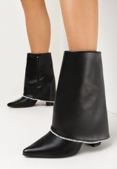 Czarne Botki z Wywiniętą Cholewką i Cyrkoniami Hata. Czarne botki Born2be, bez wzorów, z jeansu, bez obcasa, na obcasie, bez zapięcia. Za 129.99 zł.