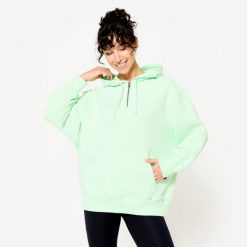 Bluza z kapturem damska Domyos Gym & Pilates 520 Oversize. Zielone bluzy DOMYOS, xl, bez wzorów, z bawełny, z kapturem. W wyprzedaży za 79.99 zł.