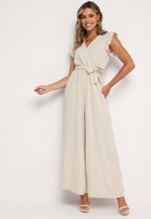 Beżowy Taliowany Kombinezon Koktajlowy z Paskiem w Talii i Falbanami przy Ramionach Vimarine. Brązowe sukienki Born2be, na imprezę, bez wzorów, z jeansu, eleganckie, bez kołnierzyka, bez ramiączek. Za 69.99 zł.