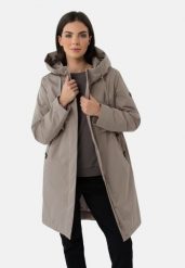 Płaszcz damski z kapturem J-AGATE. Szare płaszcze Volcano, na jesień, plus size, bez wzorów, z materiału, z kapturem. Za 369.99 zł.