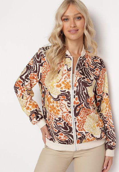 Beżowo-Pomarańczowa Bluza Bomberka z Abstrakcyjnym Wzorem Teggea. Brązowe bluzy Born2be, l, bez wzorów, z jeansu, bez kaptura. Za 59.99 zł.