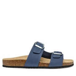 Klapki Geox. Niebieskie klapki Geox, bez wzorów, bez obcasa. Za 259.99 zł.