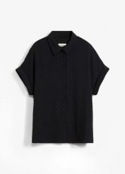 Bluzka oversized z e strukturalnej krepy. Czarne bluzki bonprix, bez wzorów, bez kołnierzyka, bez ramiączek. Za 142.99 zł.