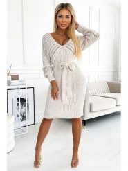 Numoco Sukienka dzianinowa w kolorze kremowym rozmiar: onesize. Brązowe sukienki Numoco, na imprezę, bez wzorów, z dzianiny, bez kołnierzyka, bez ramiączek, midi. Za 171.68 zł.