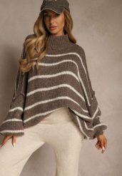 Brązowy Oversizowy Golf w Paski z Dodatkiem Wełny i Wiskozy Nezella. Brązowe golfy Renee, bez wzorów, z jeansu, bez ramiączek. Za 159.99 zł.