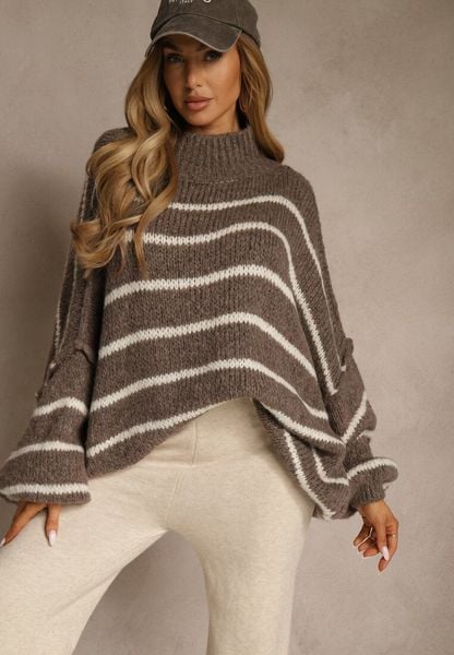 Brązowy Oversizowy Golf w Paski z Dodatkiem Wełny i Wiskozy Nezella. Brązowe golfy Renee, bez wzorów, z jeansu, bez ramiączek. Za 159.99 zł.