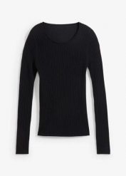 Sweter w prążek z wełny merino. Czarne swetry bonprix, na jesień, bez wzorów, ze skóry, bez ramiączek. Za 189.99 zł.