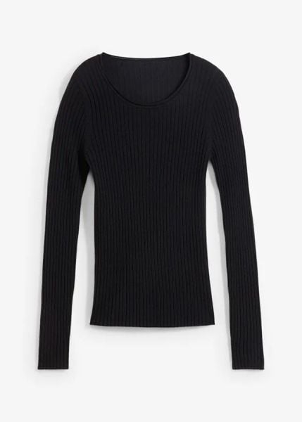 Sweter w prążek z wełny merino. Czarne swetry bonprix, na jesień, bez wzorów, ze skóry, bez ramiączek. Za 189.99 zł.