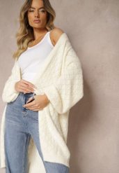 Jasnobeżowy Sweter o Długim Fasonie z Dekoltem V i Ozdobnym Splotem Jovima. Brązowe swetry Renee, uniwersalny, bez wzorów, z jeansu, bez ramiączek. Za 59.99 zł.