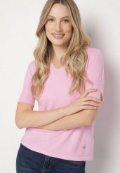 Różowa Sweterkowa Bluzka z Dekoltem w Serek Fenidea. Czerwone bluzki Born2be, l, bez wzorów, z jeansu, eleganckie, bez kołnierzyka, bez ramiączek. Za 49.99 zł.