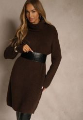 Brązowa Sweterkowa Sukienka Golf z Wełną i Wiskozą Fedorina. Brązowe sukienki Renee, na co dzień, bez wzorów, z wełny, bez kołnierzyka, bez ramiączek, midi, oversize. Za 179.99 zł.