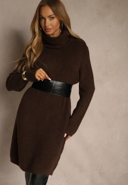 Brązowa Sweterkowa Sukienka Golf z Wełną i Wiskozą Fedorina. Brązowe sukienki Renee, na co dzień, bez wzorów, z wełny, bez kołnierzyka, bez ramiączek, midi, oversize. Za 179.99 zł.