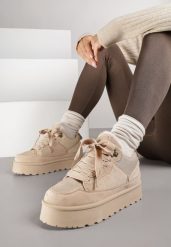 Ciemnobeżowe Sneakersy Śniegowce na Platformie Velavine. Brązowe trapery i śniegowce Renee, z jeansu. Za 109.99 zł.