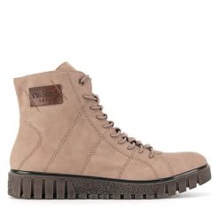 Botki Rieker. Brązowe botki Rieker, bez wzorów, bez obcasa, na płaskiej podeszwie, bez zapięcia. Za 429.99 zł.