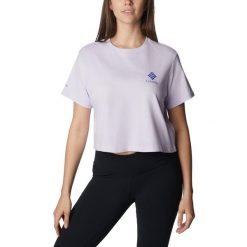 Koszulka trekkingowa damska Columbia North Cascades Cropped. Fioletowe bluzki Columbia, xs, bez wzorów, sportowe, bez kołnierzyka, bez ramiączek. Za 49.99 zł.