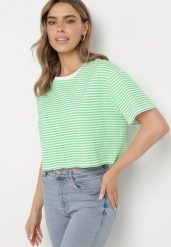 Zielony Bawełniany T-shirt o Oversizowym Krótkim Fasonie w Cienkie Paski Lakrida. Zielone t-shirty Born2be, l, bez wzorów, z bawełny, bez kołnierzyka, bez ramiączek. Za 29.99 zł.