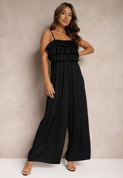 Czarny Koktajlowy Kombinezon na Ramiączkach z Regulacją i Gumką w Talii Uesvia. Czarne sukienki Renee, na imprezę, na lato, bez wzorów, eleganckie, bez kołnierzyka, bez ramiączek, dopasowane. Za 64.99 zł.