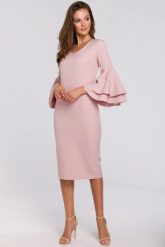 Sukienka elegancka ołówkowa z bufiastymi rękawami pudrowa. Czerwone sukienki Makover, na imprezę, l, z aplikacjami, z elastanu, eleganckie, bez kołnierzyka, bez ramiączek, midi, dopasowane. W wyprzedaży za 216.00 zł.