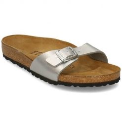 Klapki damskie Birkenstock Madrid. Szare klapki Birkenstock, bez wzorów, z materiału, bez obcasa. Za 249.00 zł.