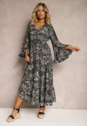 Czarno-Zielona Sukienka w Kwiatowy Print Rozkloszowana z Falbankami Airova. Czarne sukienki Renee, l, bez wzorów, z materiału, bez kołnierzyka, bez ramiączek, maxi, rozkloszowane. Za 69.99 zł.
