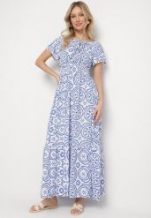 Niebiesko-Biała Rozkloszowana Sukienka z Bawełną i Abstrakcyjnym Wzorem Ldivoria. Niebieskie sukienki Born2be, na imprezę, m, bez wzorów, z bawełny, eleganckie, bez kołnierzyka, bez ramiączek, maxi, rozkloszowane. Za 74.99 zł.