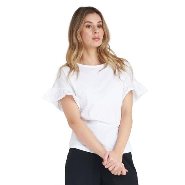 Błyszcząca damska koszulka z krótkim rękawem i falbaną. Białe bluzki LEONE 1947 APPAREL, l, bez wzorów, z tkaniny, sportowe, bez kołnierzyka, bez ramiączek. W wyprzedaży za 83.85 zł.