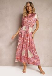Różowo-Beżowa Sukienka Boho o Rozkloszowanym Kroju Ściągana w Talii Dimirrah. Czerwone sukienki Renee, na imprezę, na lato, xl, z aplikacjami, boho, bez kołnierzyka, bez ramiączek, maxi, rozkloszowane. Za 69.99 zł.