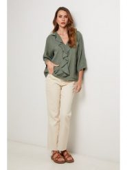 Lin Passion Lniana bluzka w kolorze khaki rozmiar: 36/38. Brązowe bluzki Lin Passion, bez wzorów, ze lnu, bez kołnierzyka, bez ramiączek. Za 146.95 zł.