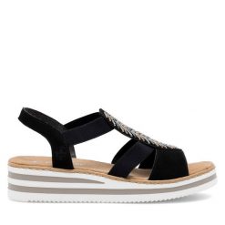 Sandały Rieker. Czarne sandały Rieker, bez wzorów, bez obcasa, na koturnie, bez zapięcia. Za 319.99 zł.