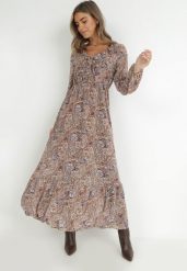 Brązowo-Beżowa Sukienka z Falbanką przy Dekolcie w Ornamentalny Wzór isha. Brązowe sukienki Born2be, na co dzień, l, bez wzorów, eleganckie, bez kołnierzyka, bez ramiączek, maxi, rozkloszowane. Za 139.99 zł.