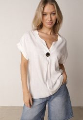 Biała Nietoperzowa Bluzka z Krótkim Rękawem z Lnem i Wiskozą Isirtila. Białe bluzki Born2be, l, bez wzorów, z bawełny, biznesowe, bez kołnierzyka, bez ramiączek. Za 69.99 zł.