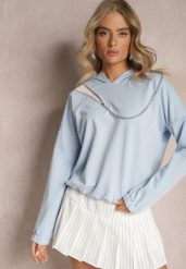 Niebieska Asymetryczna Bluza z Bawełny z Kapturem i Ozdobnym Suwakiem Lueur. Niebieskie bluzy Renee, bez wzorów, z bawełny, z kapturem. Za 79.99 zł.