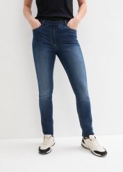 Jegginsy mid waist z wygodnym paskiem w talii. Niebieskie jeansy bonprix, bez wzorów. Za 79.99 zł.