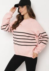Różowa Dzianinowa Bluza z Polarem Ozdobiona Poziomymi Paskami Labril. Czerwone bluzy Born2be, l, bez wzorów, z dzianiny, bez kaptura. Za 44.99 zł.