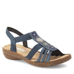 Sandały Rieker. Niebieskie sandały Rieker, bez wzorów, bez obcasa, na płaskiej podeszwie, bez zapięcia. Za 259.99 zł.