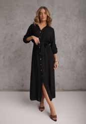 Czarna Koszulowa Sukienka Utility z Bawełny z Wiązanym Paskiem w Talii Retona. Czarne sukienki Renee, na co dzień, l, bez wzorów, z bawełny, boho, bez kołnierzyka, bez ramiączek, maxi, koszulowe. Za 159.99 zł.