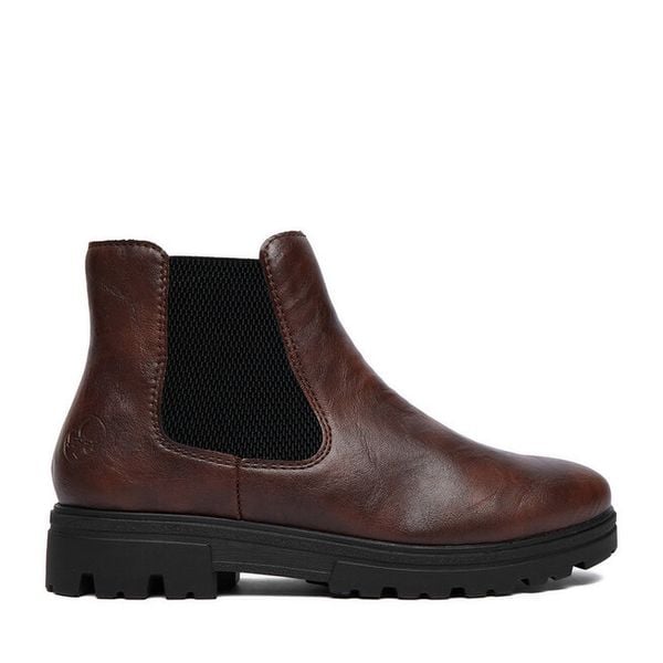 Botki Rieker. Brązowe botki Rieker, bez wzorów, bez obcasa, na płaskiej podeszwie, bez zapięcia. Za 369.99 zł.