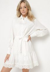 Biała Koszulowa Sukienka z Wiskozy z Bawełną Koronką i Paskiem Lilresia. Białe sukienki Born2be, na co dzień, na lato, l, bez wzorów, z bawełny, eleganckie, bez kołnierzyka, bez ramiączek, mini, koszulowe. Za 139.99 zł.