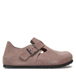 Klapki Birkenstock. Fioletowe klapki Birkenstock, bez wzorów, bez obcasa. Za 629.99 zł.