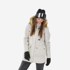 Kurtka narciarska i snowboardowa damska Dreamscape SNB 500. Brązowe kurtki narciarskie DREAMSCAPE, m, bez wzorów, z materiału, bez kaptura, narciarskie. Za 599.99 zł.