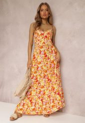Żółta Sukienka Calialla. Żółte sukienki Renee, m, z aplikacjami, z tkaniny, bez kołnierzyka, bez ramiączek, maxi, rozkloszowane. W wyprzedaży za 41.99 zł.