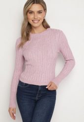 Jasnoróżowy Sweter z Wiskozą Ozdobiony Tłoczeniem Savinia. Czerwone swetry Born2be, bez wzorów, z jeansu, bez ramiączek. Za 79.99 zł.