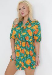 Zielona Koszulowa Sukienka Mini z Guzikami i Materiałowym Paskiem Raimeda. Zielone sukienki Born2be, na lato, plus size, bez wzorów, z materiału, bez kołnierzyka, plus size, bez ramiączek, mini, koszulowe. Za 34.99 zł.