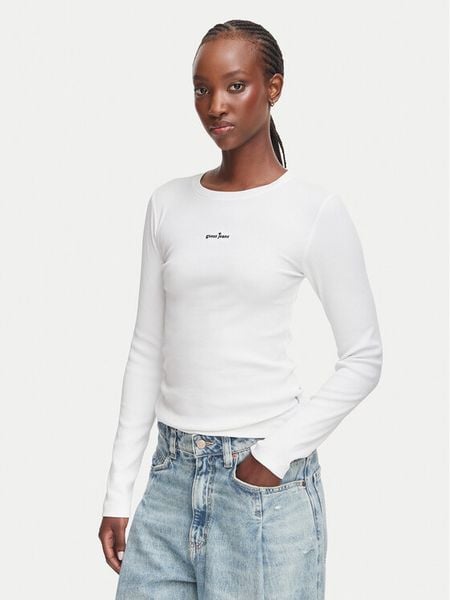 Guess Jeans Bluzka W6YP14 K3821 Biały Slim Fit. Białe bluzki Guess Jeans, xs, z aplikacjami, z bawełny, bez kołnierzyka, bez ramiączek. Za 169.99 zł.